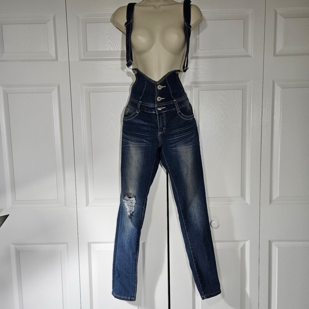 Almost Famous Women's Blue Denim High Waist Overalls. Stretchy sz 7/M